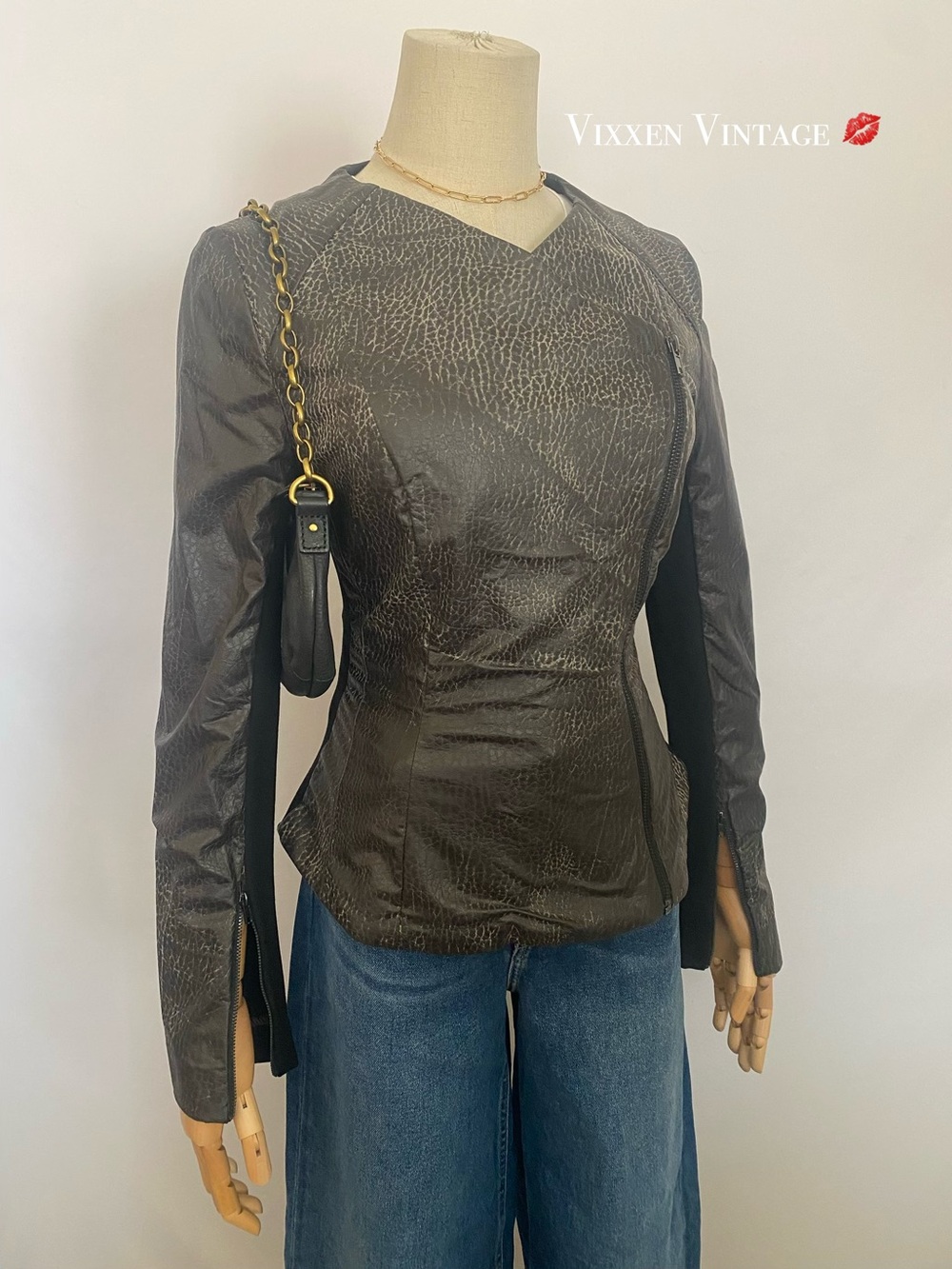 ROBBI & NIKKI EMBOSSED FAUX LEATHER ASYMMETRICAL ZIP DRAPE COLLAR MOTO JACKET